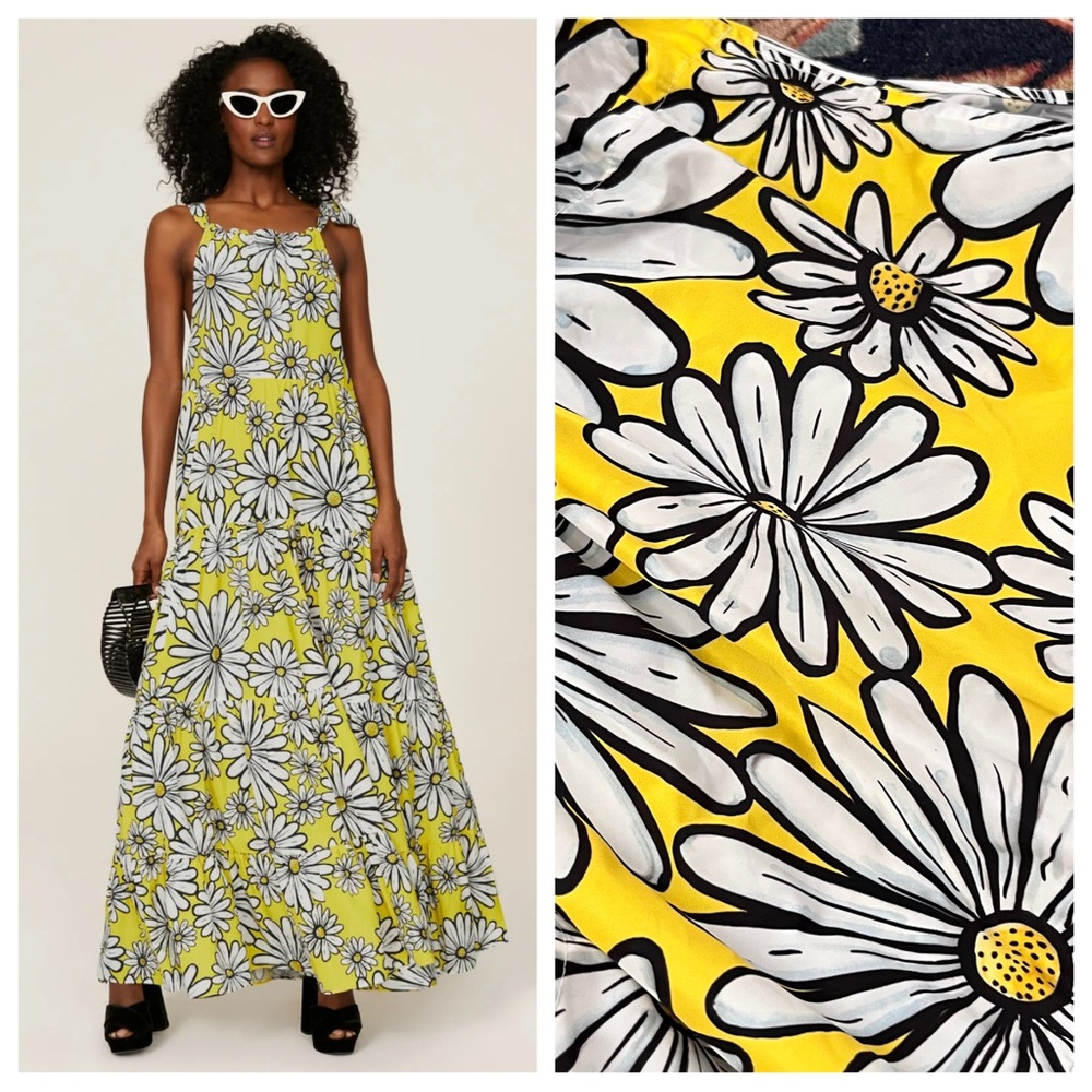 Mira Mikati daisy halter maxi yellow dress floral tiered pockets Fr 42/ us 10